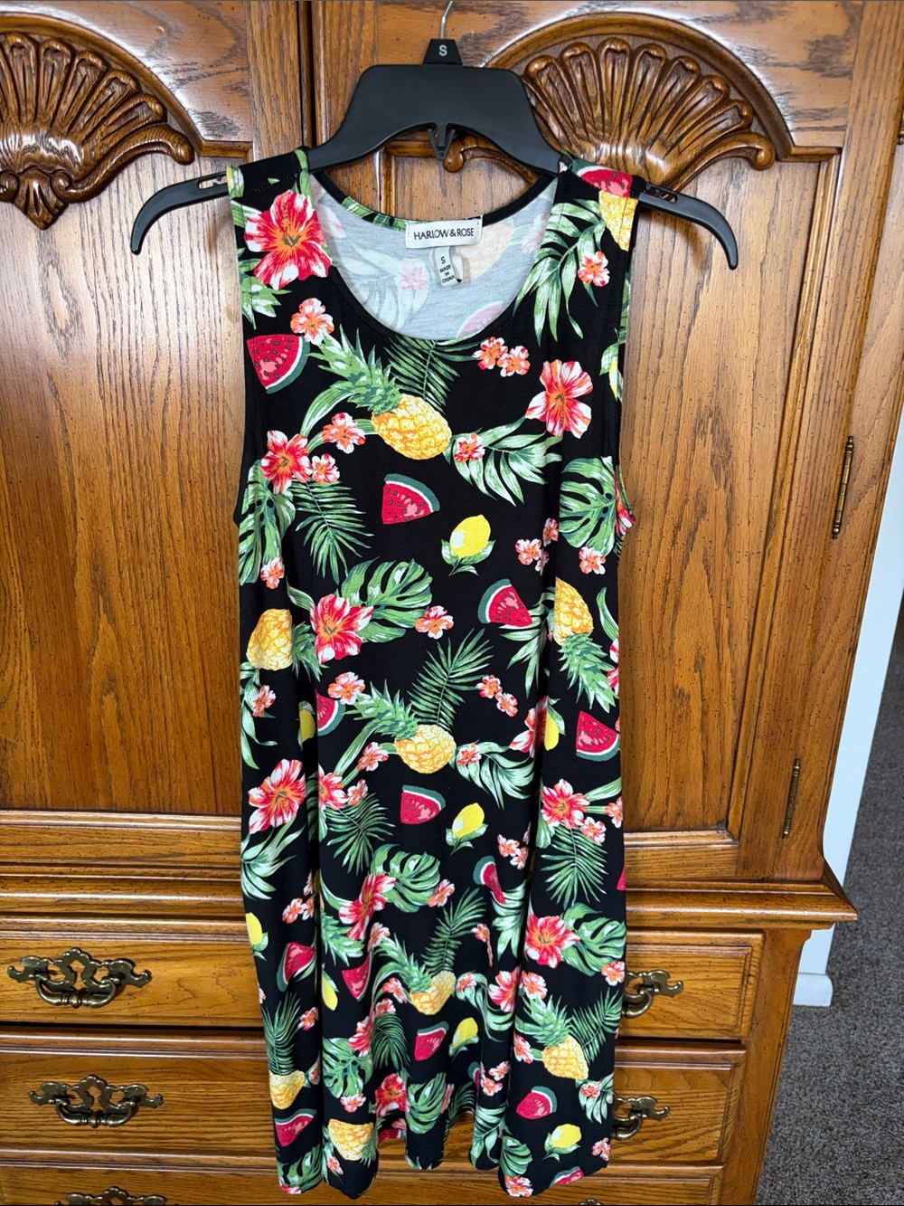 Harlow & Rose Black Tropical Fruit Midi Dress